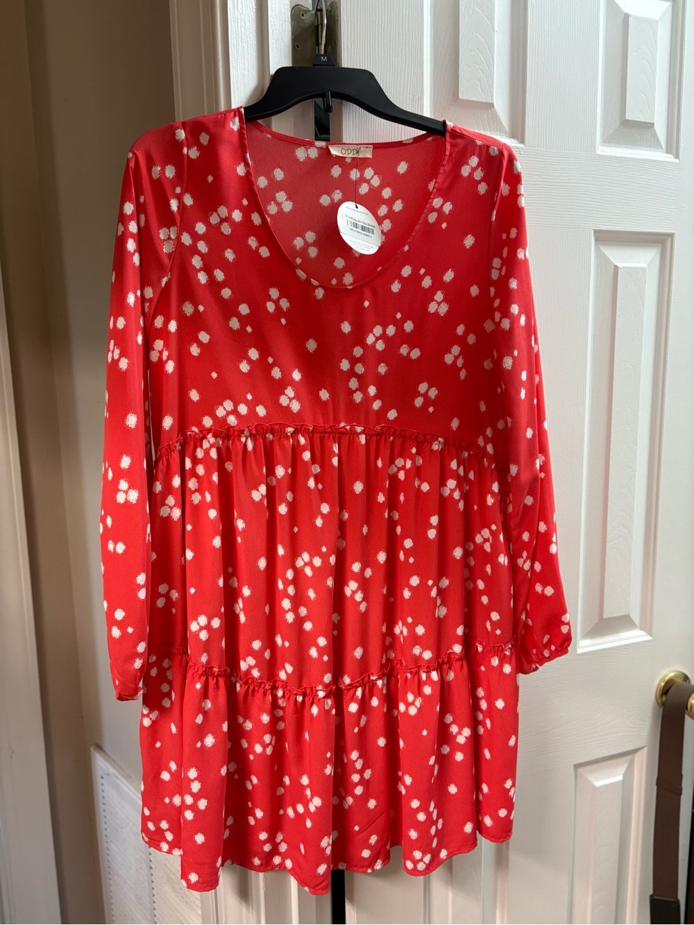 ODDY Red Long-Sleeve Tiered Mini Dress with White Spot Print